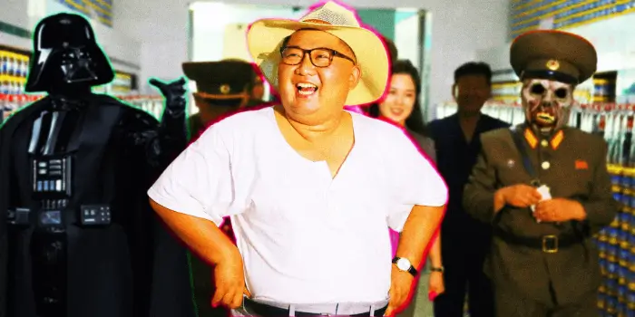 Kim Jong Un posing for the camera while his people starve